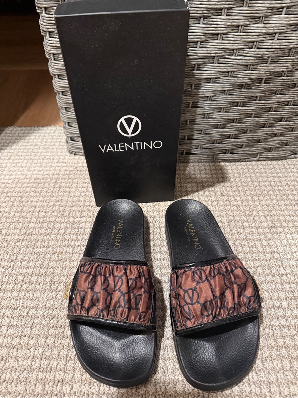 Valentino Brown and Black Logo Monogram Slide Sandals size 39